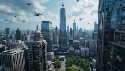 Urban Harmony: Towering Skyscrapers and Flying Drones Meet Lush Greenery Under a Partly Cloudy Sky.