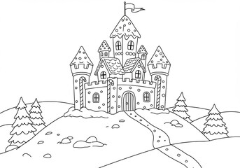 Naklejka premium Black And White Illustration Of A Snow Covered Castle