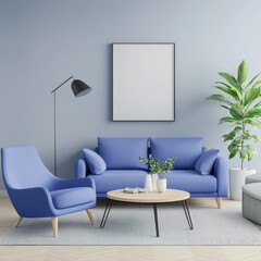 Modern Living Room Setup with Soft Blue Furniture and Green Plant
