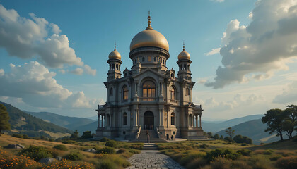 Majestic Golden-Domed Palace Amid Flowers and Hills, Framed by Clouds and Visitors in Serene Harmony.