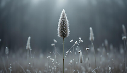 Ethereal Stillness: A Tall Grass Stalk Illuminated by Soft Light, Surrounded by Wildflowers in Misty Hues.
