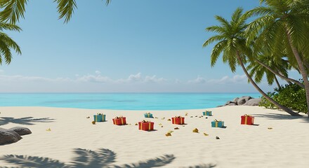 Obraz premium Empty beach with colorful chairs and palm shade