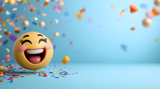 Laughing emoji celebrating international joke day with falling confetti