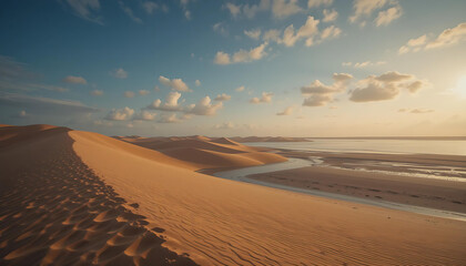 Tranquil Horizons: Soft Shadows and Reflecting Water Enhance the Peaceful Flow of Endless Desert Dunes.