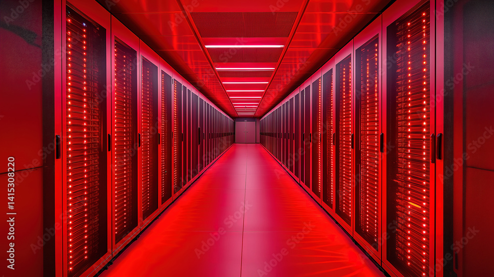 Poster shot of a working data center corridor filled with rack servers and supercomputers under high danger