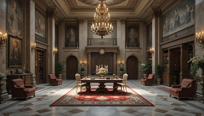 Regal Elegance: High Ceilings, Marble Finishes, and Ornate Furnishings Create a Majestic and Sophisticated Atmosphere.