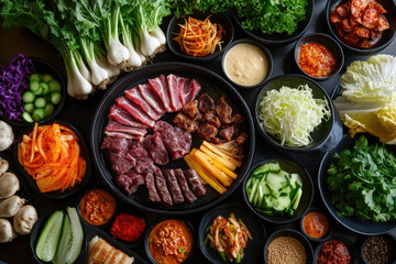 Assorted vegetables and meats on a wooden cutting board, ready for meal preparation.