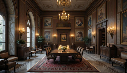 Opulent Serenity: Soft Candlelight Illuminates an Elegant Table Amidst Portraits, Lush Plants, and Rich Furnishings.