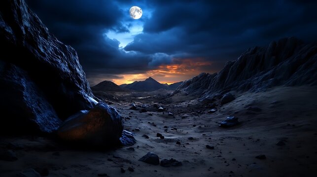 Dramatic mountain landscape under a full moon at night.