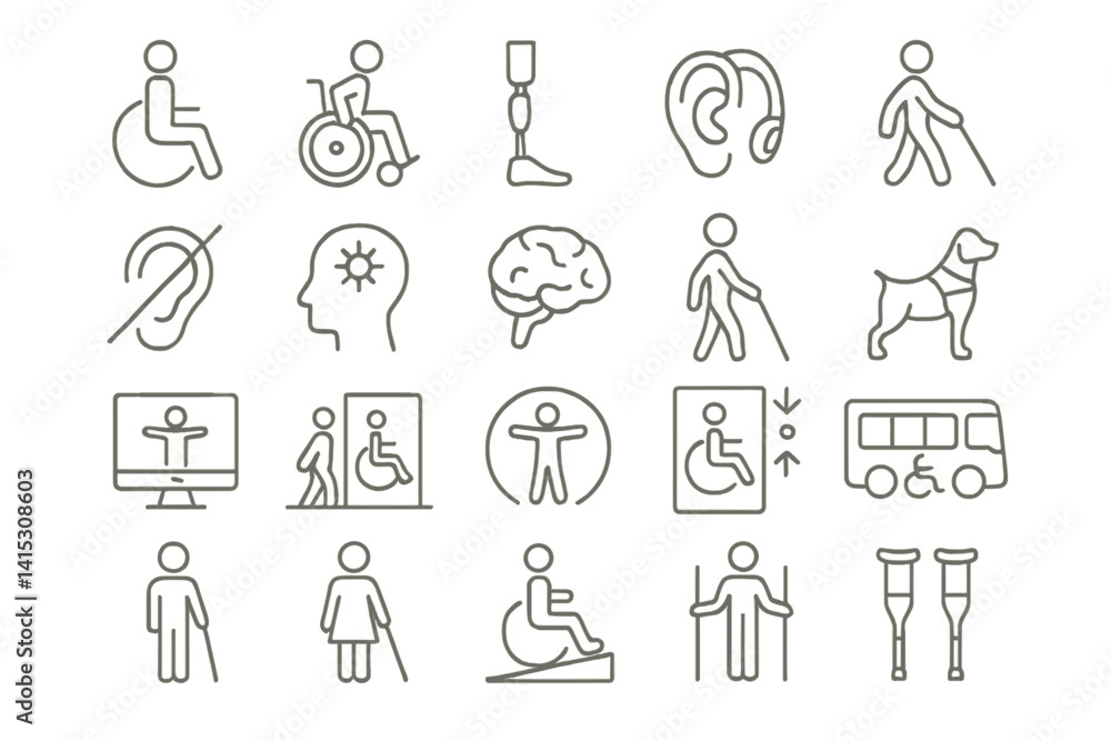 Aufkleber collection of vector line icons depicting various aspects of accessibility and support for individua