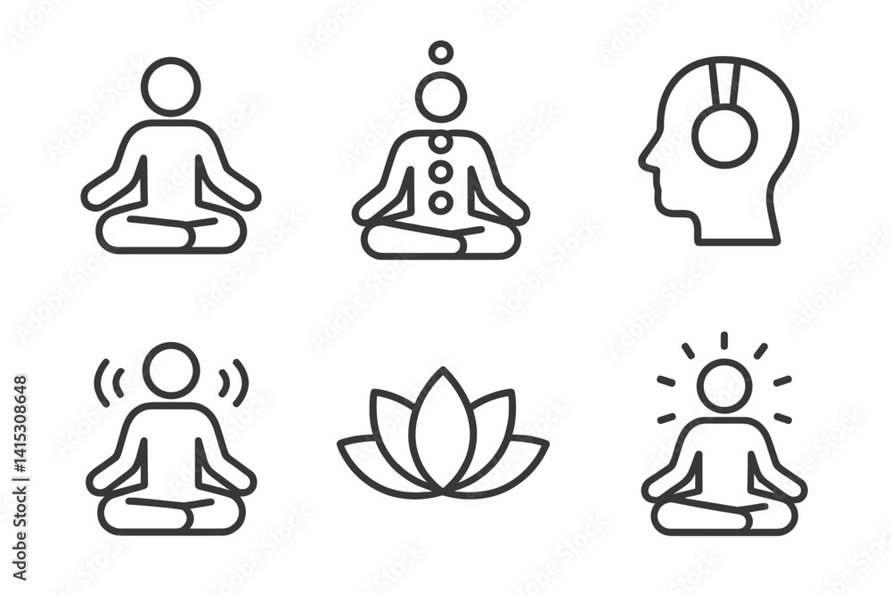 Poster vector illustration of meditation and wellness line icons showcasing mindfulness activities in a ser