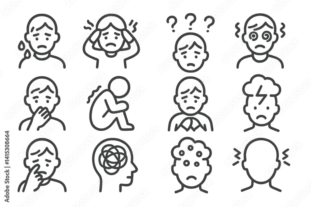 Poster Collection of vector line icons depicting various emotional expressions and mental states in a minimalist style