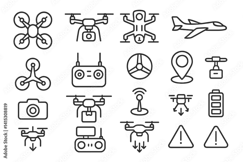 Poster vector illustration of line icons depicting drone technology, aviation, and related elements in a mo