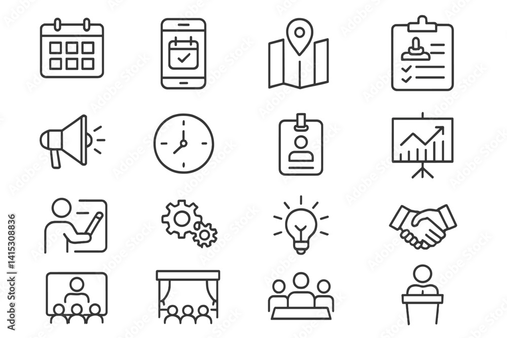 Poster vector illustration of line icons representing planning, organization, and meetings for various prof