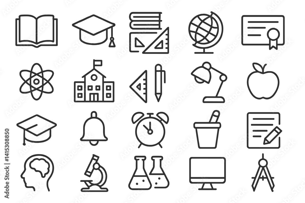 Poster vector illustration of educational line icons showcasing various learning tools and symbols in a coh
