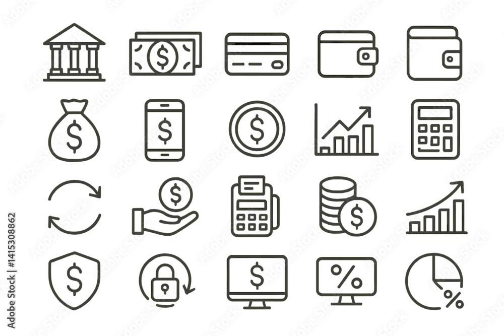 Poster Vector illustration of financial line icons depicting various monetary concepts and tools for budgeting and investing