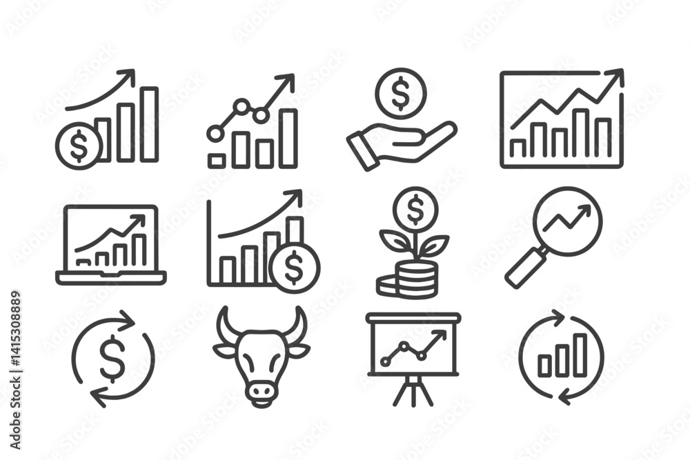 Aufkleber Vector illustration of finance and investment concepts with line icons displaying growth and analytics in a modern style
