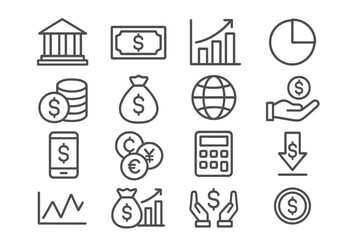 Vector illustration of finance and economics line icons showcasing money, banking, and investment concepts