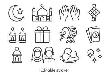 Vector illustration of line icons depicting cultural symbols, festivities, and activities related to celebration and community events