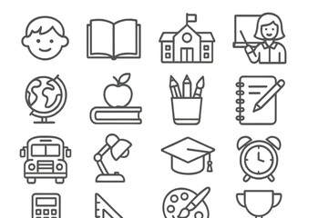Educational themed vector illustration of line icons featuring various school-related items and symbols