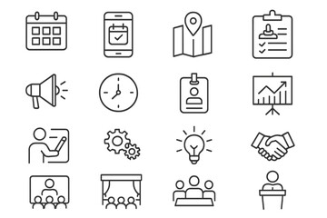 Fototapeta premium Vector illustration of line icons representing planning, organization, and meetings for various professional activities