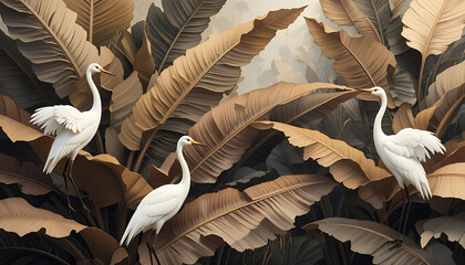 Graceful Herons: Three White Birds Amid Lush Green Foliage Create a Tranquil, Exotic Sanctuary.
