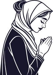Praying Muslim woman in profile, a peaceful and respectful illustration.