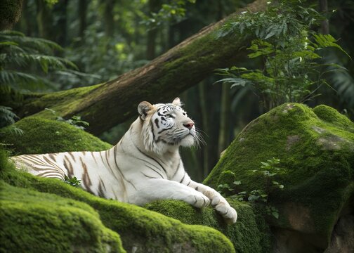 A majestic white tiger rests serenely amidst lush green moss-covered rocks in a tranquil forest, bathed in soft dappled sunlight.