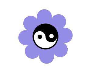 Cute yin yang flower icon. Purple pastel colored y2k sign, element 2000s, sticker, simple symbol. 