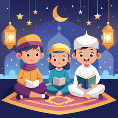 Children studying religious texts at night