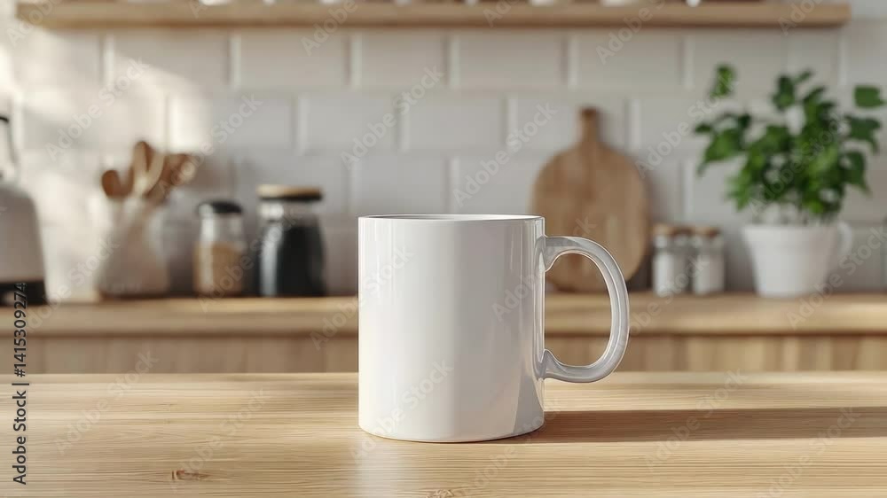Poster clean white ceramic mugs arranged symmetrically on wooden kitchen countertop, presenting minimalist 