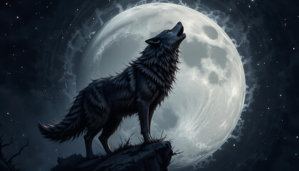 Howl of the Night: A Black Wolf Stands Against the Moon’s Glow, Embraced by Starry Sky.