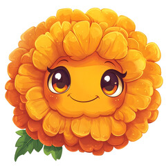 cute cartoon marigold with smiling face and big eyes soft rounded petals adorable floral character vector clip art white background