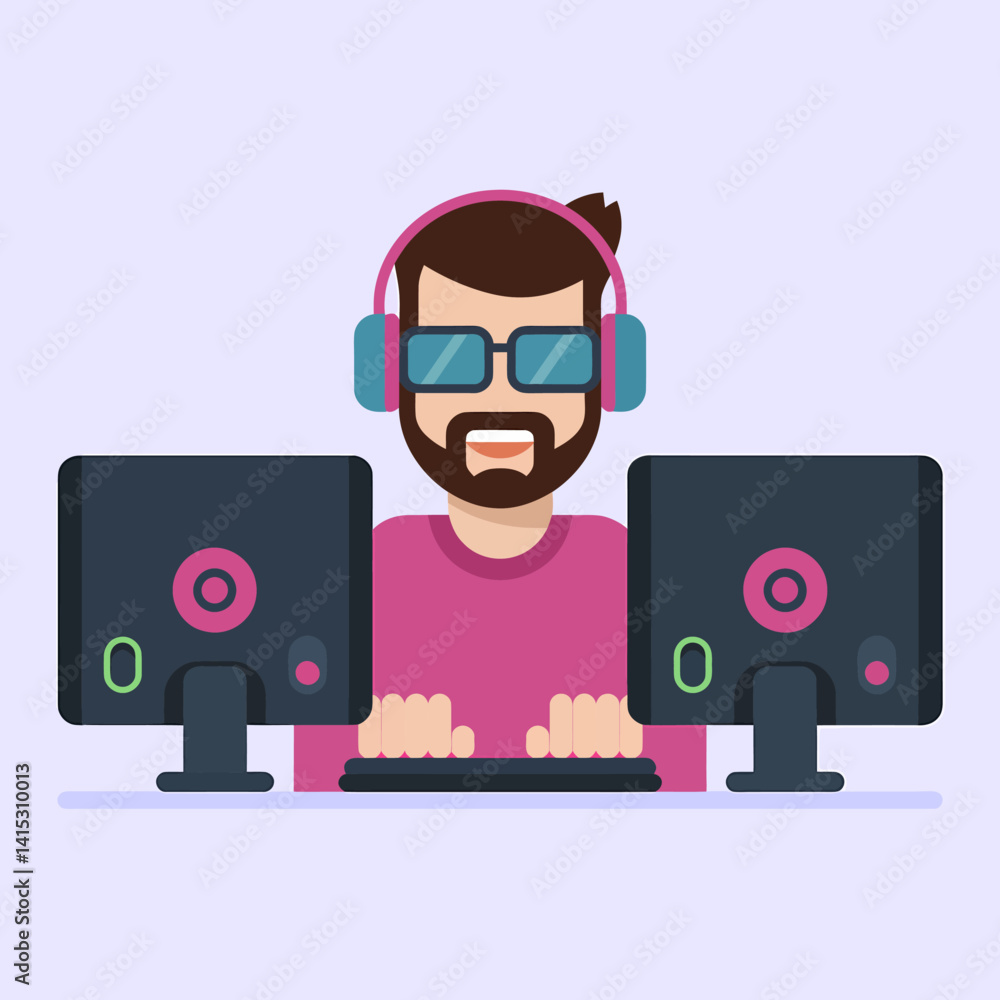 Poster bearded man with headset working on dual computer screens at desk.