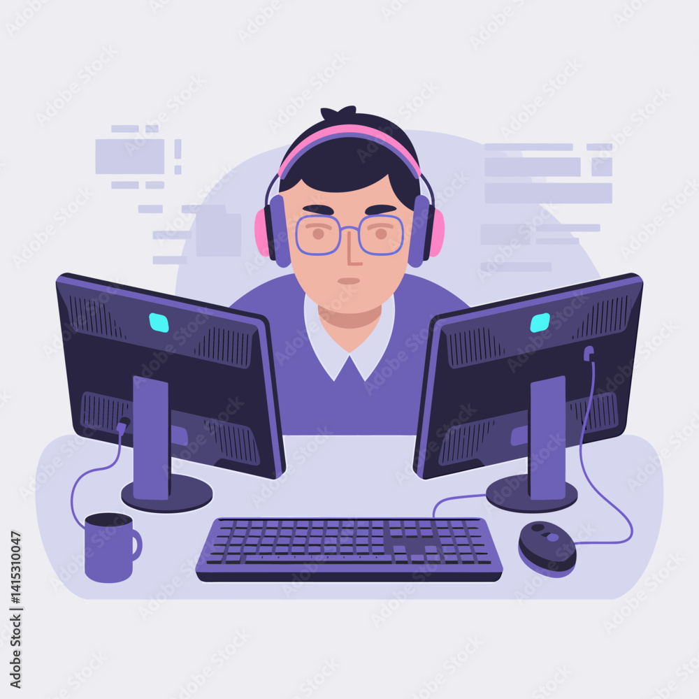 Poster focused programmer coding with dual monitors and headset, vector illustration
