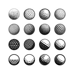 Set of sixteen stylized golf ball icons in black and white. Collection of golf ball illustrations with various dimple textures and shading styles. Minimalist icon set for sports and golf club design. 