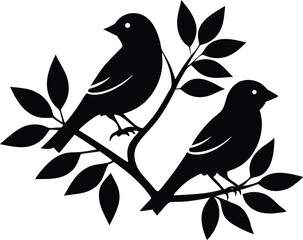  Black silhouette of two birds perched on a tree branch with leaves, symbolizing peace, nature, and harmony, ideal for wildlife, nature, and bird-themed designs.