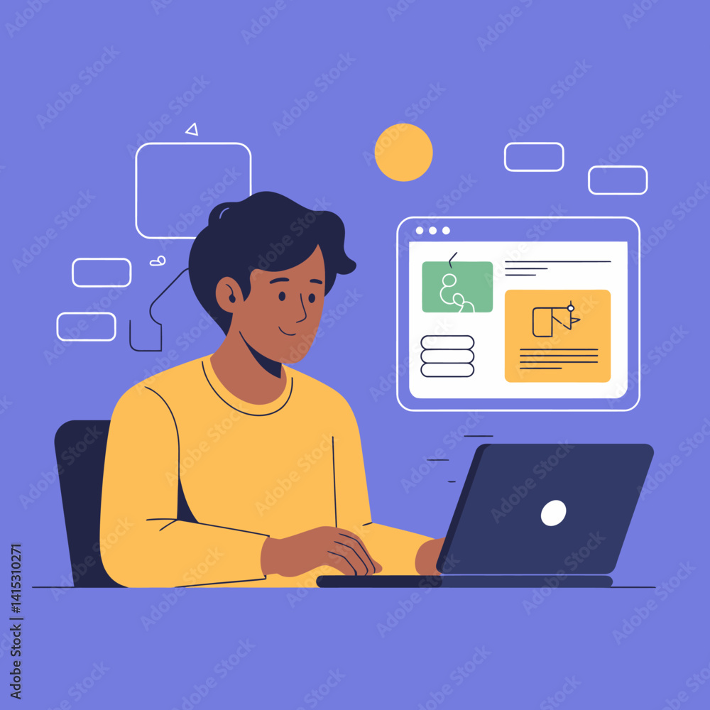 Poster developer working on laptop: programmer coding, web design, and technology