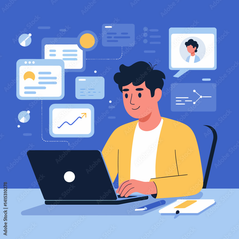 Poster man working on laptop with data visualizations, technology and development