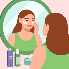 Woman Applying Facial Cream in Mirror: Skincare Routine, Beauty, Self-Care