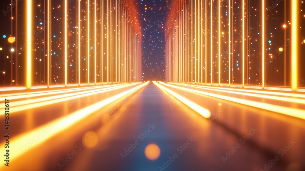 Poster luminous neon particles stretching through digital space, sparkling flowing corridor along sleek arc