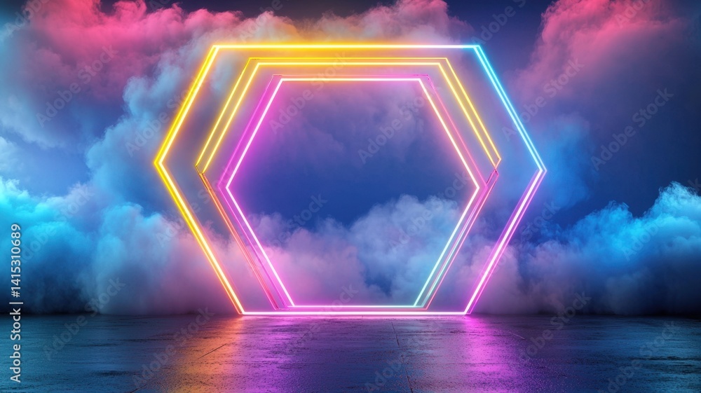 Poster vibrant neon hexagon background glowing amidst colorful abstract clouds, creating a frame visual con