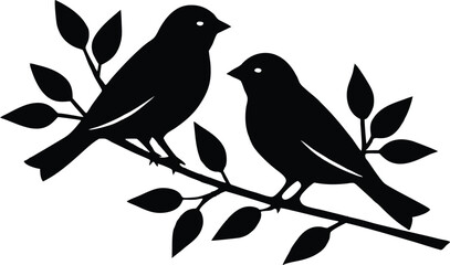  Black silhouette of two birds perched on a tree branch with leaves, symbolizing peace, nature, and harmony, ideal for wildlife, nature, and bird-themed designs.