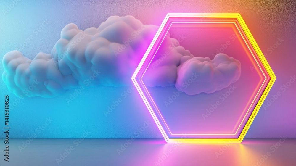 Poster vibrant 3d neon hexagon frame glowing colorful bright, abstract clouds background gradient of pink a