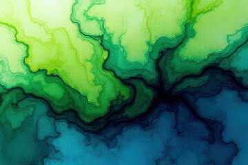 Obraz premium Mesmerizing Ink in Water: Close-Up Swirling Patterns of Lime and Navy Tones