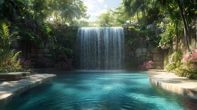Tropical waterfall cascading into clear blue pool surrounded by lush jungle plants and sunlight, seamless looping 4k time-lapse animation video background. Nature relaxation concept