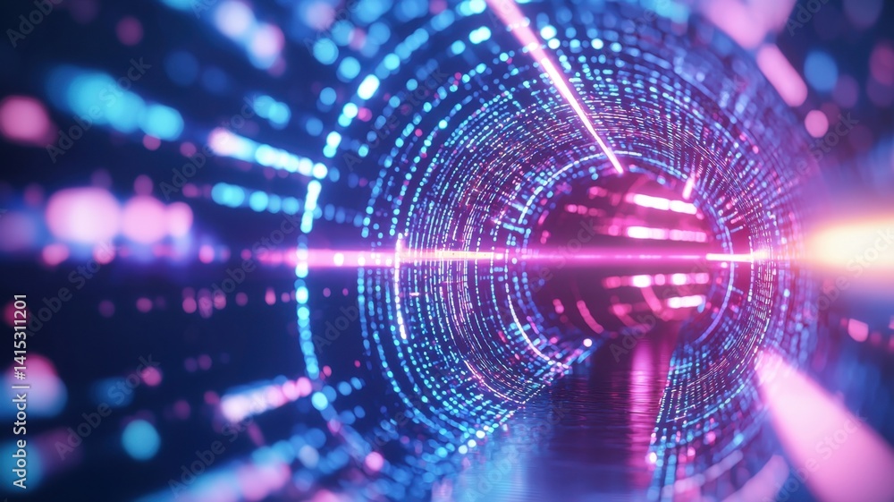 Poster digital light with iridescent tunnel blue particles swirling, generating luminous vortex effect and 