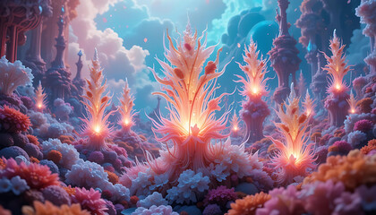 Luminous Reverie: A Fantastical Garden of Glowing Coral and Blooming Color Beneath a Surreal Sky.