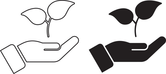 Hand holding plant, simple line drawing, black and white icon, minimalist design, growth concept, nature and nurture symbolism,