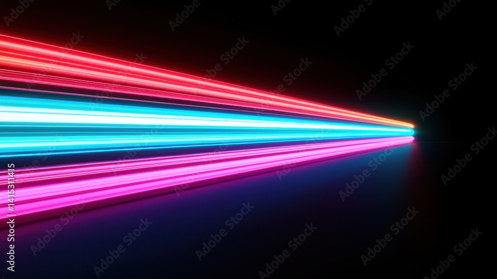 Poster abstract black background with pink and blue 3d glowing lines that extend into the distance, moving 